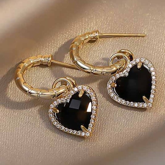 Jewelry - MINI BLACK RHINESTONE HEART DROP EARRINGS